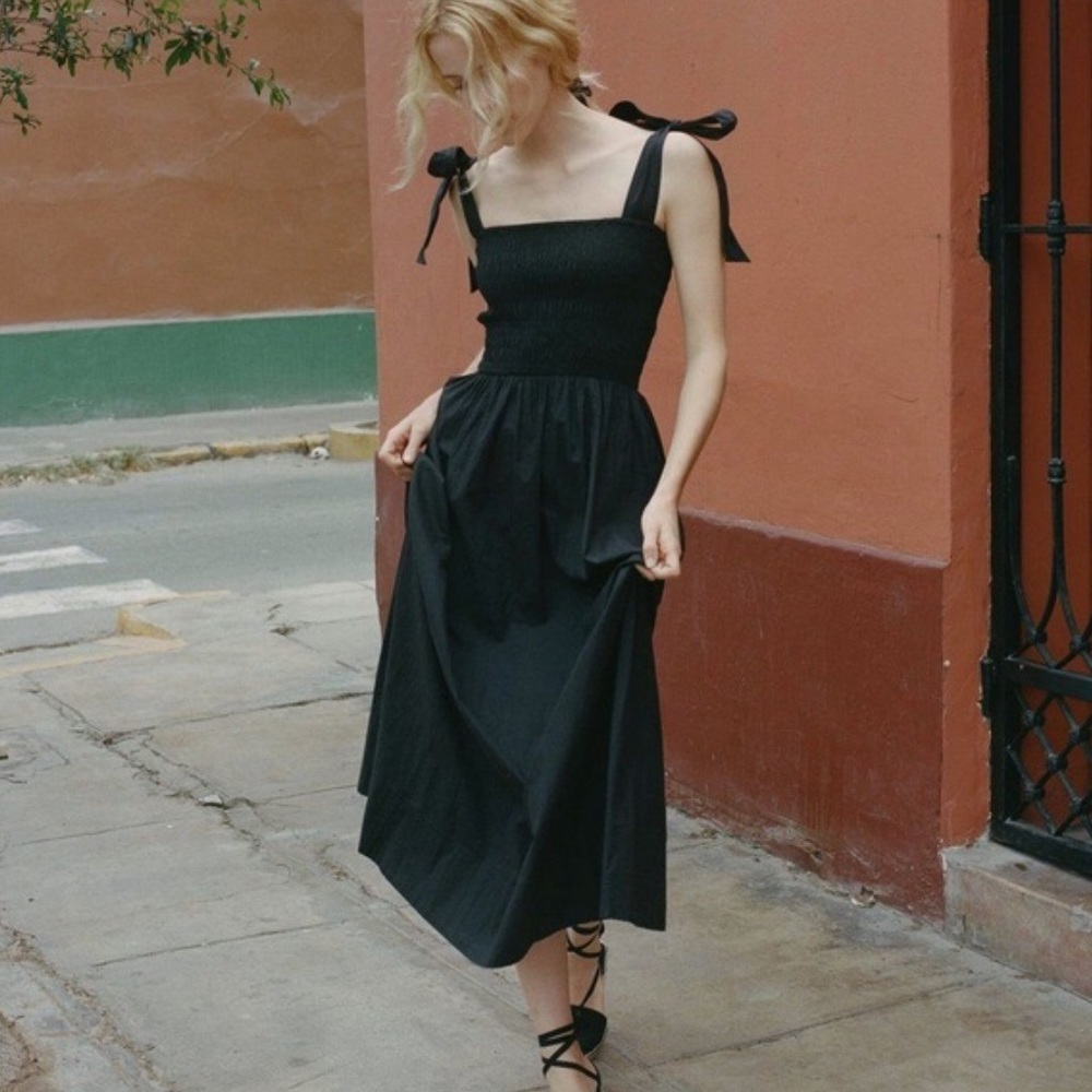 Doen Jasmine Midi Maxi Dress Black Shirred Top Tie Straps Small